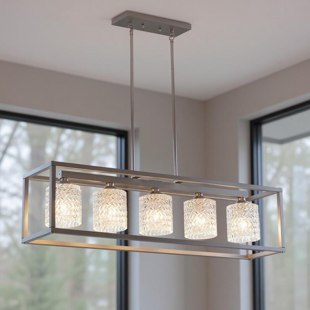 Clear Kitchen Island Five Light Metal Dimmable Chandelier With Clear Shades