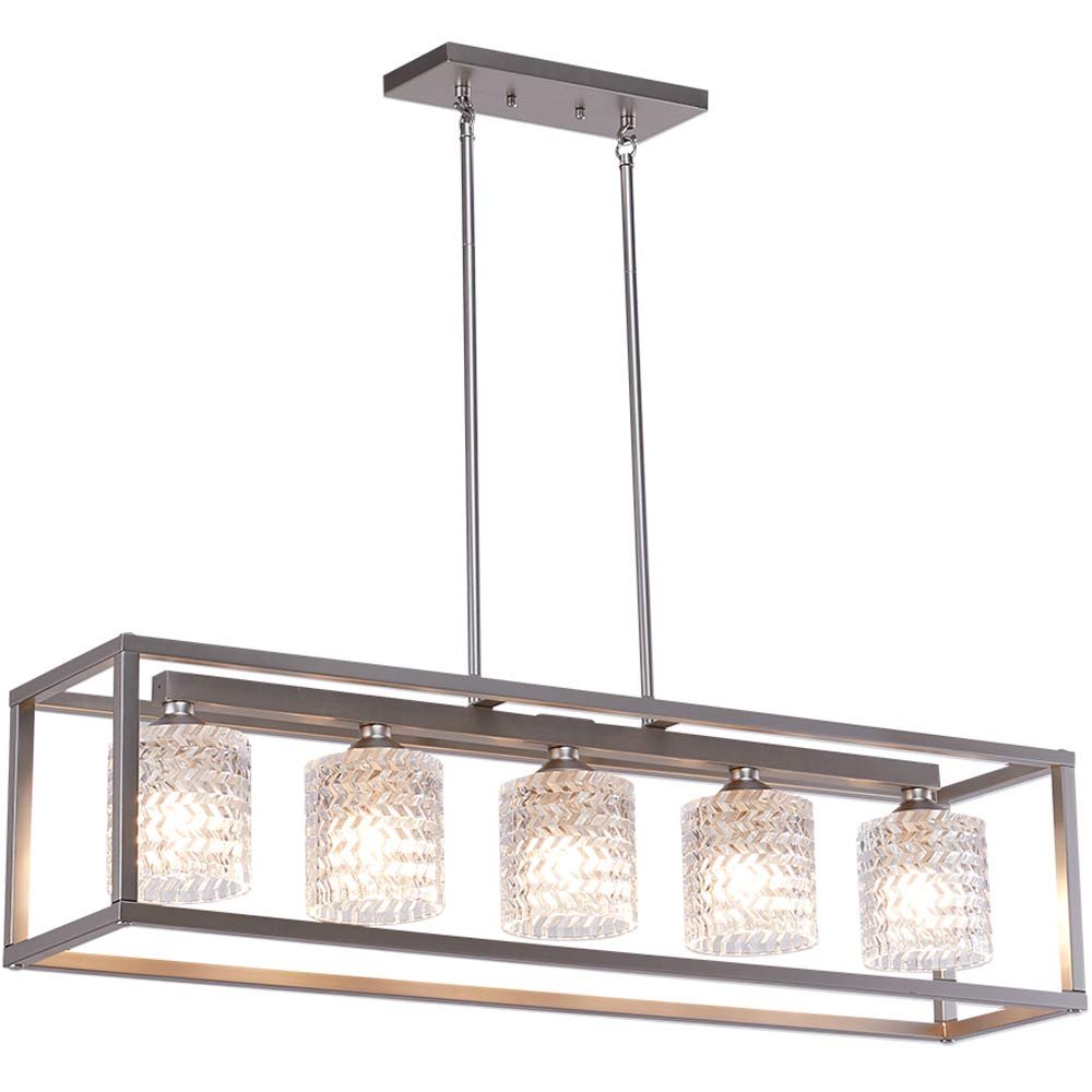 Clear Kitchen Island Five Light Metal Dimmable Chandelier With Clear Shades