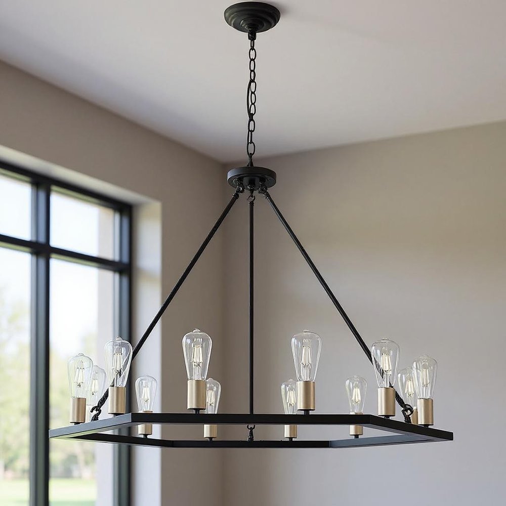 Black And Gold Candle Style Twelve Light Metal Dimmable Chandelier