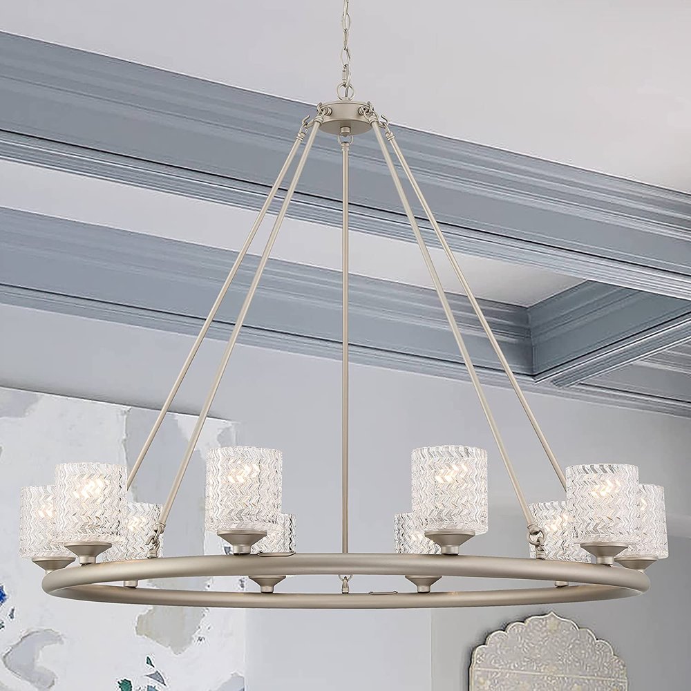 Silver Shaded Ten Light Metal Dimmable Chandelier With White Shades