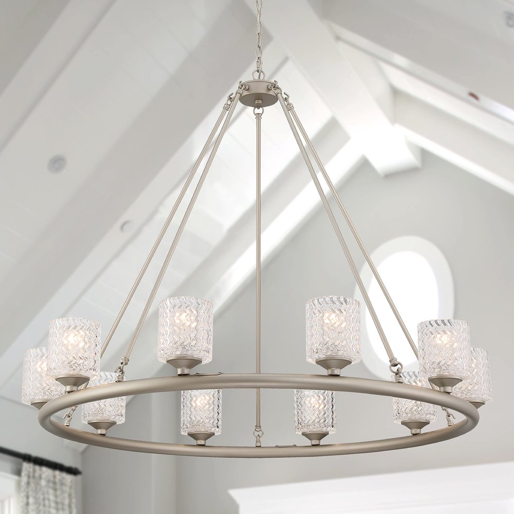 Silver Shaded Ten Light Metal Dimmable Chandelier With White Shades