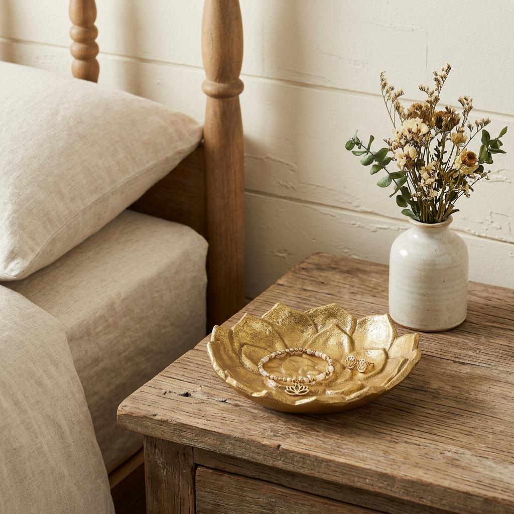 6" Gold Lotus Flower Metal Lotus Leaf Handmade Vanity Tray