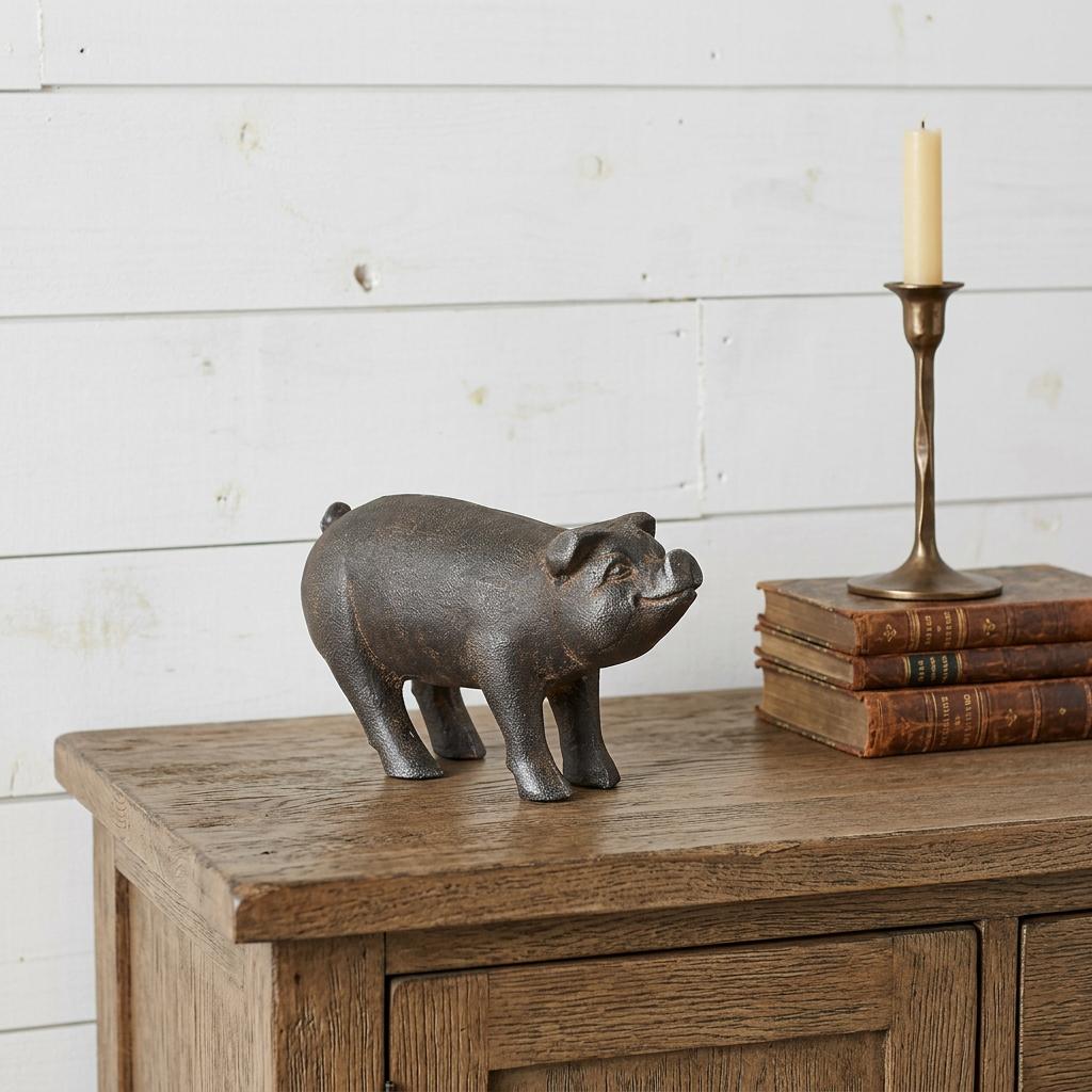 5" Black Cast Iron Pig Hand Painted Sculpture