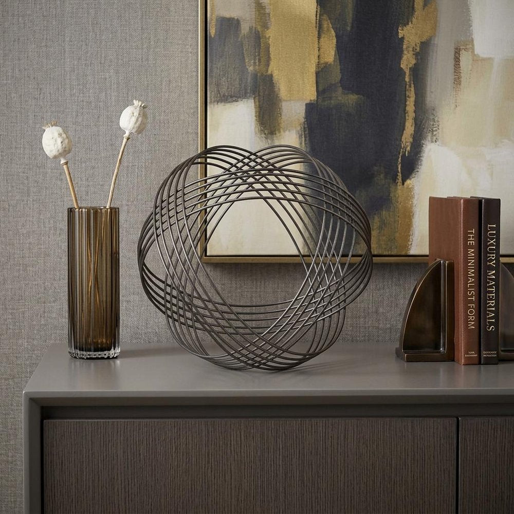 9" Gray Metal Hand Painted Decorative Orb Tabletop Sculpture