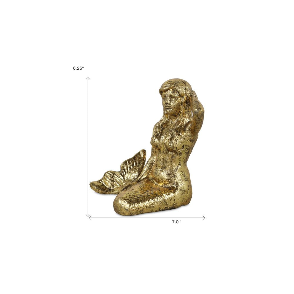 6" Antiqued Brass Cast Iron Mermaid Hand Painted Statue Tabletop Sculpture