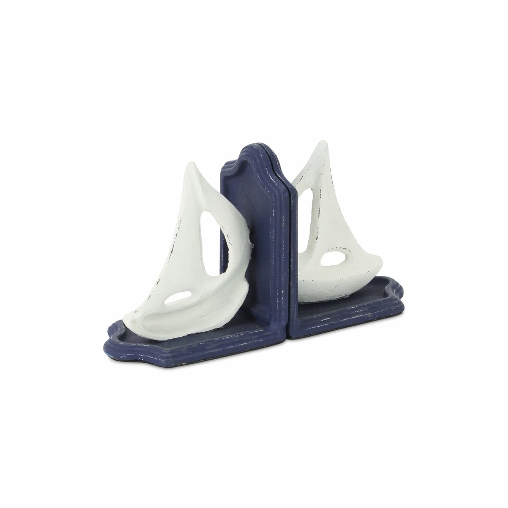 Set of Two 5" Blue And White Cast Iron Sailboat Decorative Bookends
