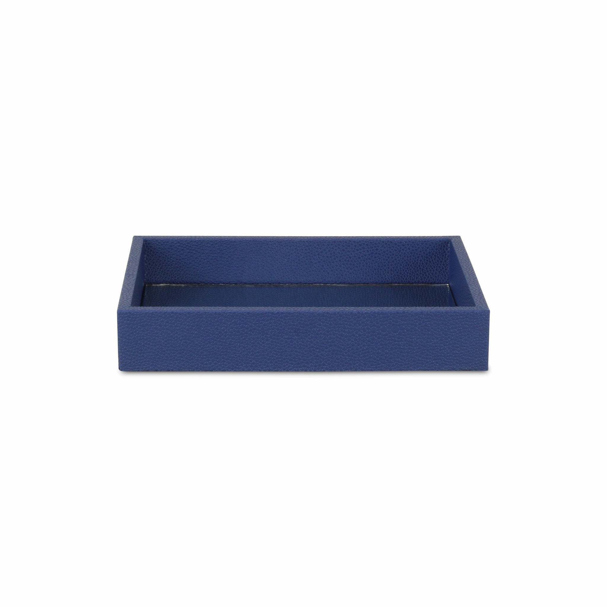 10" Navy Blue Mirrored Glass And Wood Faux Shagreen Vanity Tray