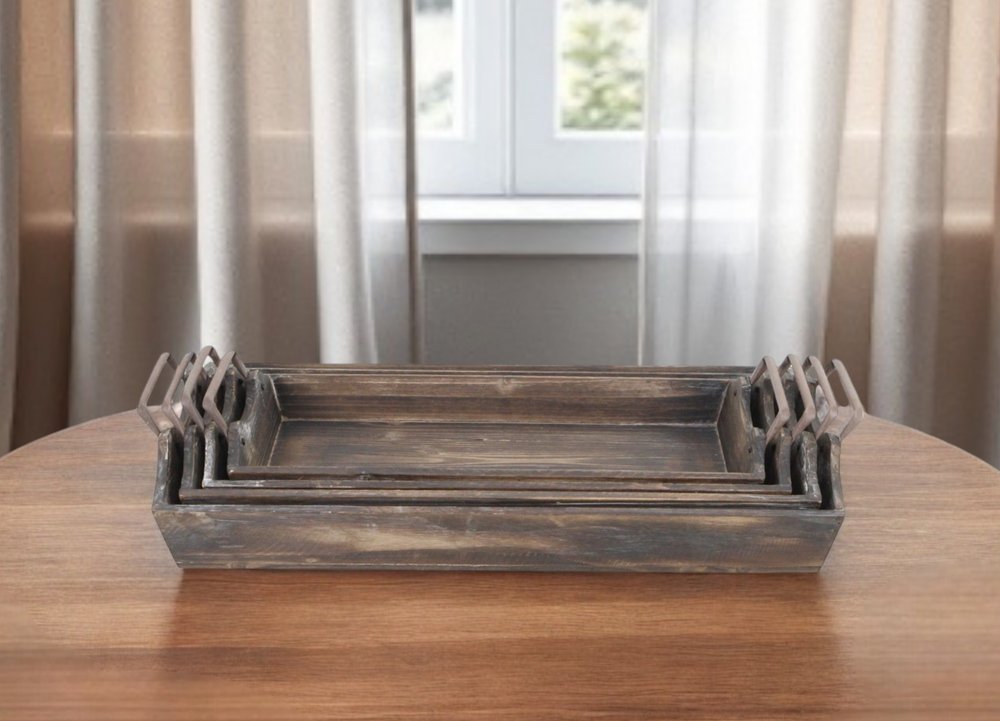 Set of Four Brown Wood Handmade Serving Tray With Handles