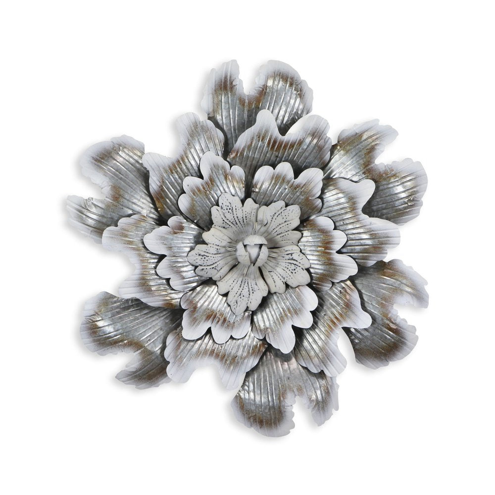 27" X 27" Gray and Off White Galvanized Metal Flower Hanging Dimensional Sculpture