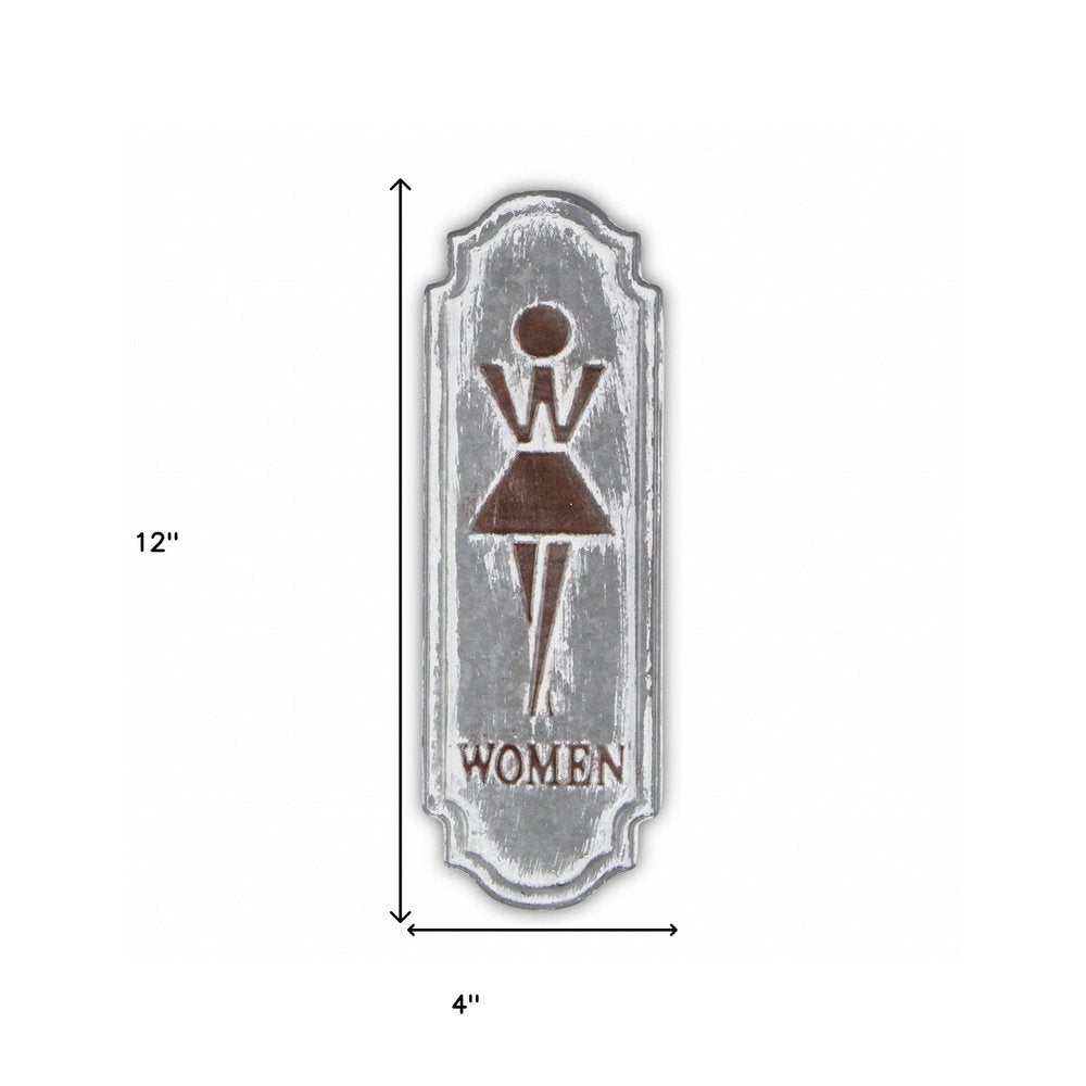 12" X 4" Gray and Brown Womens Room Metal Wall Decor