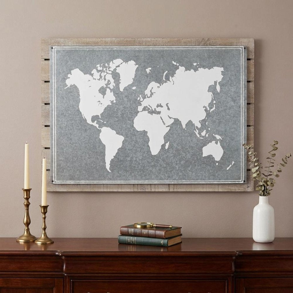 25" X 34" Brown and Gray Wood and Metal World Map Hanging Dimensional Sculpture