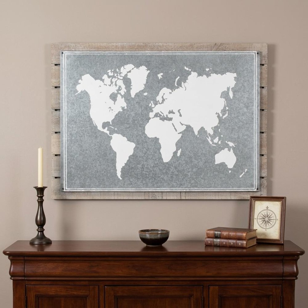 25" X 34" Brown and Gray Wood and Metal World Map Hanging Dimensional Sculpture