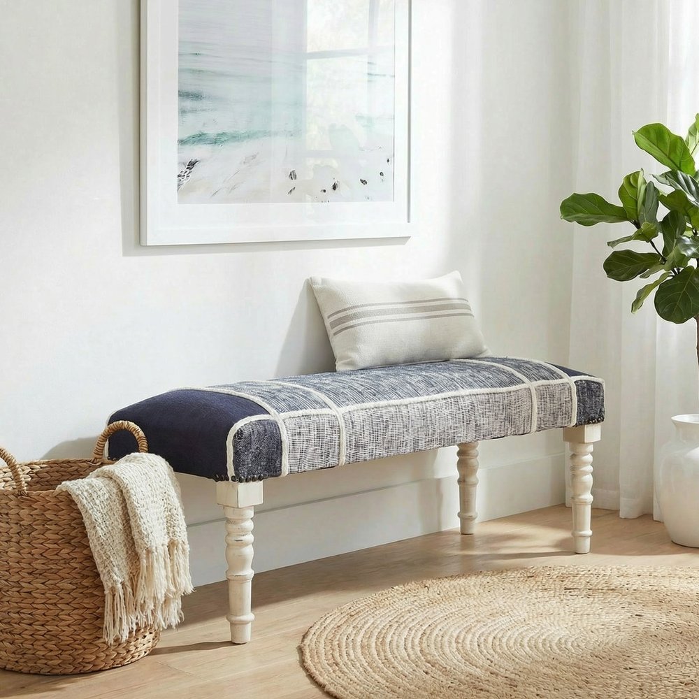 47" Blue And Gray Textural White Leg Upholstered Bench