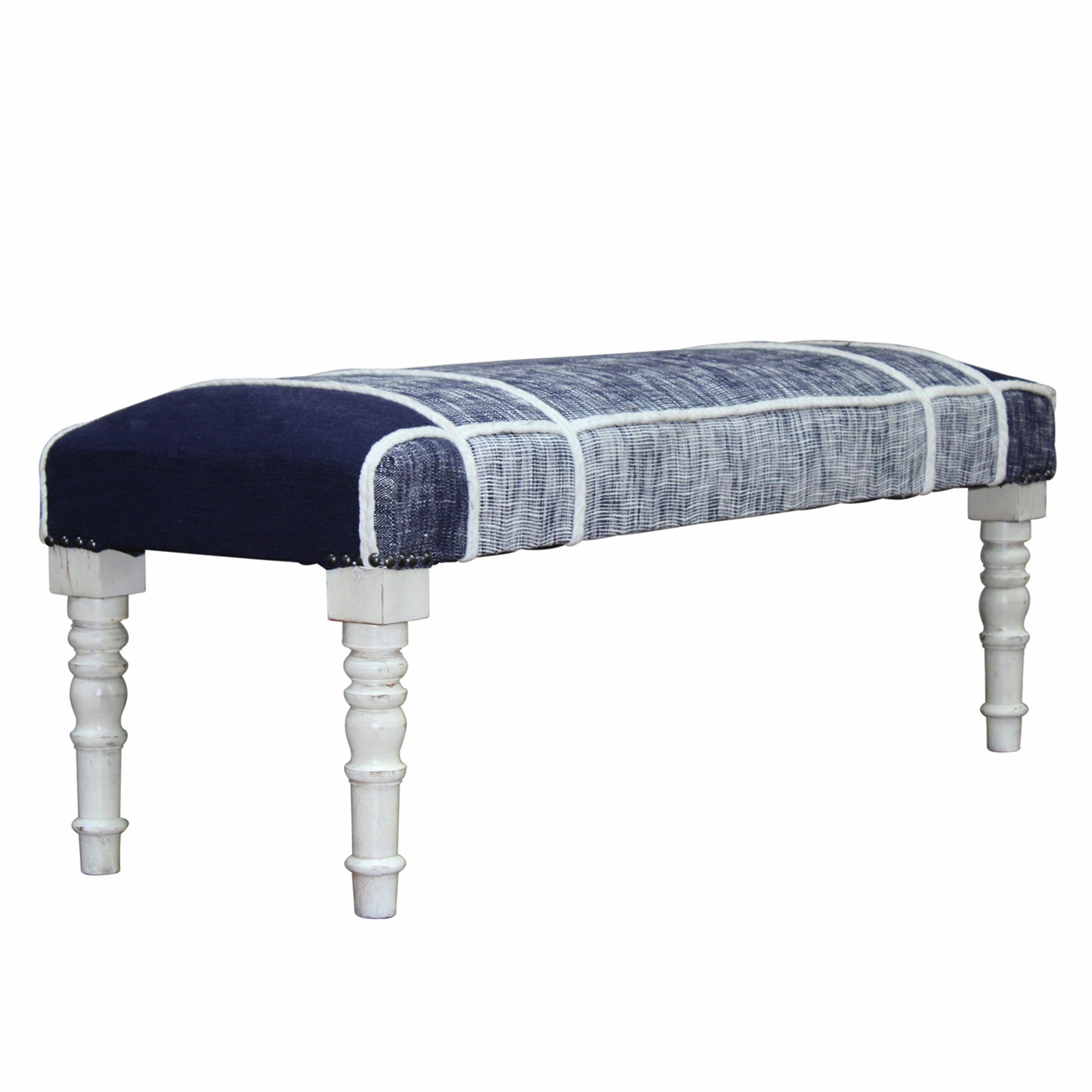 47" Blue And Gray Textural White Leg Upholstered Bench