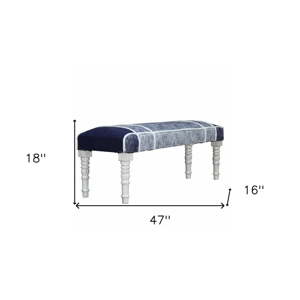 47" Blue And Gray Textural White Leg Upholstered Bench