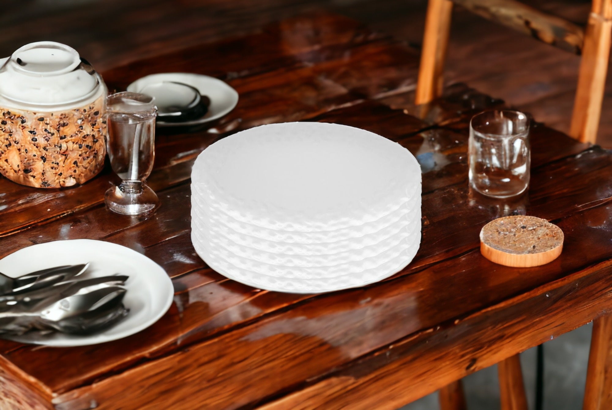 White Six Piece Round Pebbled Porcelain Service For Six Salad Plate Set