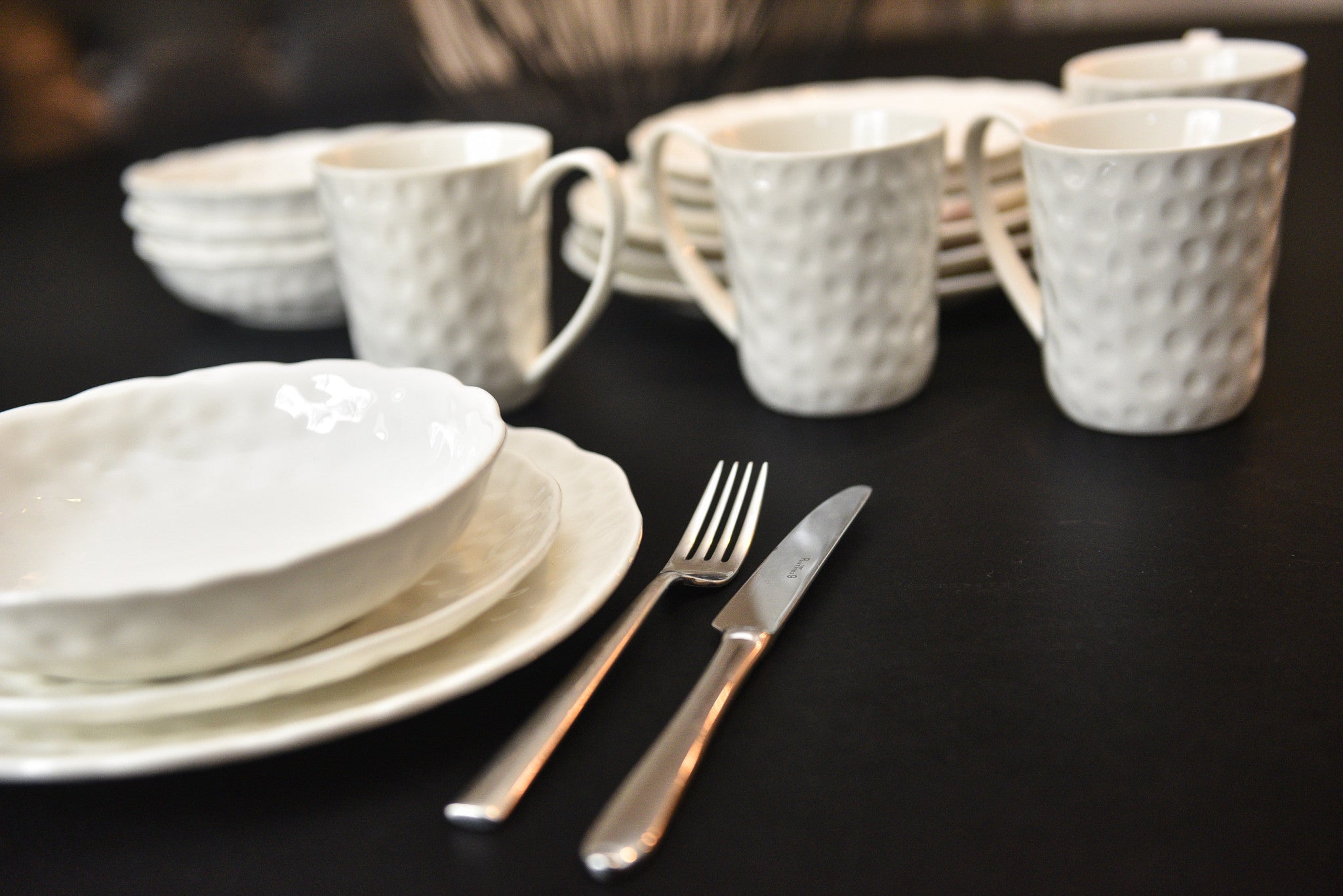 White Six Piece Round Pebbled Porcelain Service For Six Bowl Set