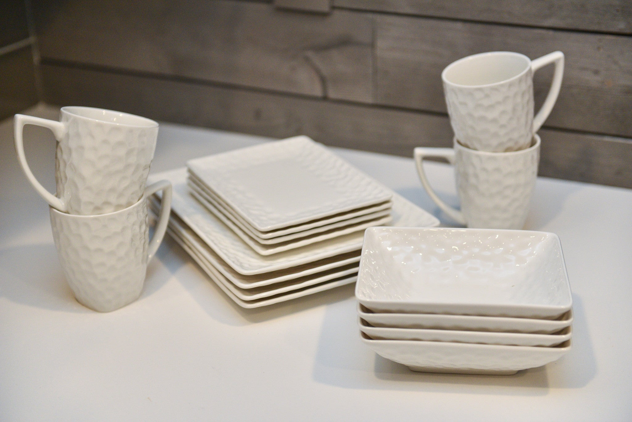 White Six Piece Pebbled Porcelain Service For Six Bowl Set