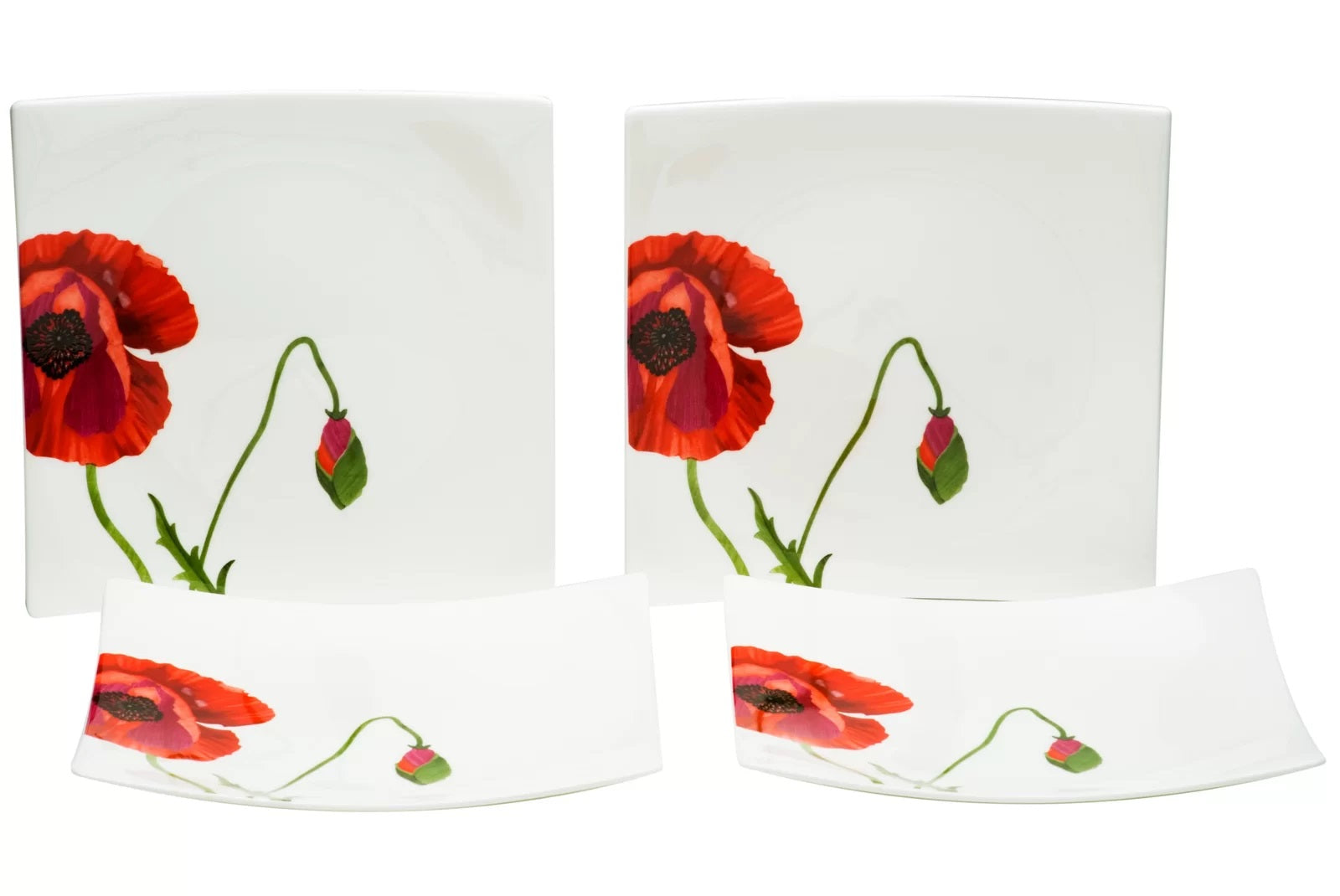 Red and White Six Piece Square Floral Bone China Service For Six Salad Plate Set