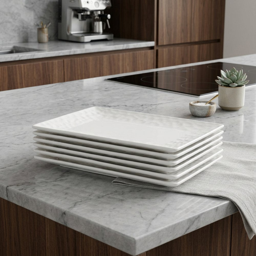 White Six Piece Rectangle Pebbled Porcelain Service For Six Salad Plate Set