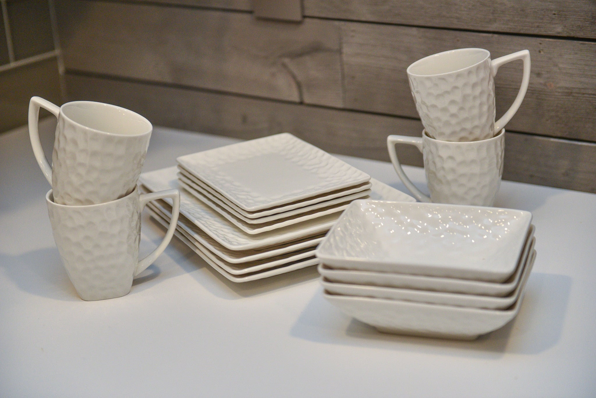 White Six Piece Rectangle Pebbled Porcelain Service For Six Salad Plate Set