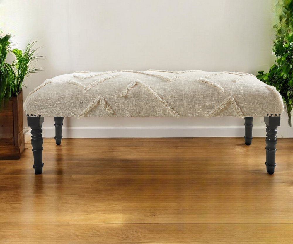 47" Cream and Black Cotton Upholstered Geometric Bench