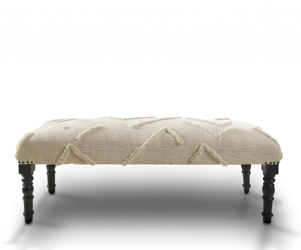 47" Cream and Black Cotton Upholstered Geometric Bench