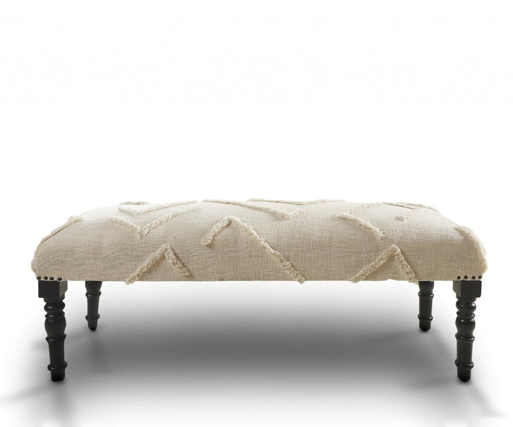 47" Cream and Black Cotton Upholstered Geometric Bench