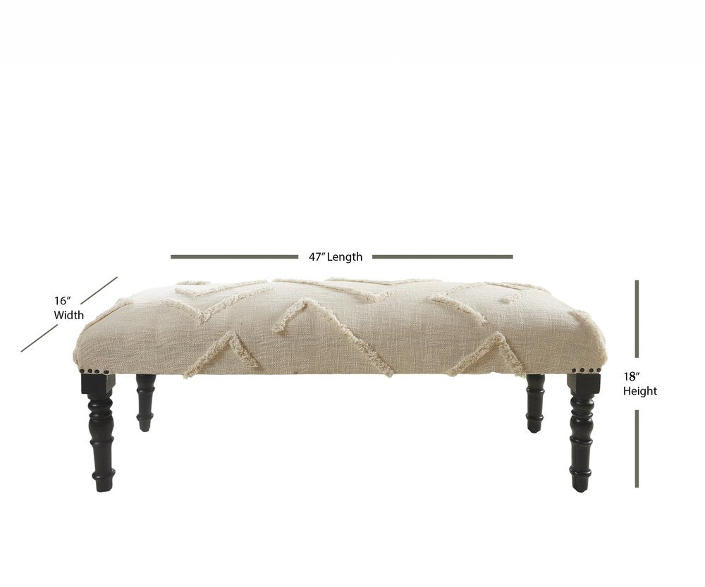 47" Cream and Black Cotton Upholstered Geometric Bench