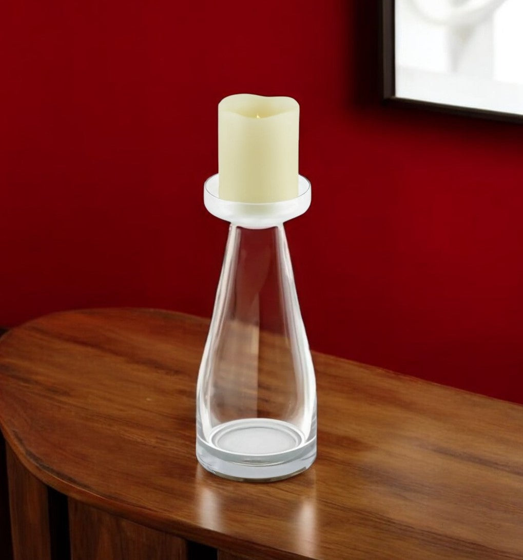 11" Clear Glass Centerpiece Pillar Candle Holder With Candle
