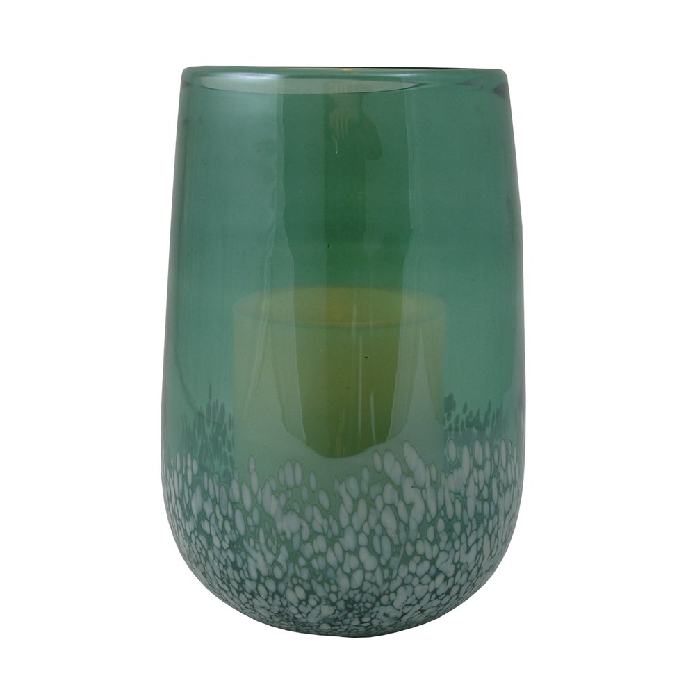 8" Green And White Glass Tabletop Hurricane Candle Holder With Candle