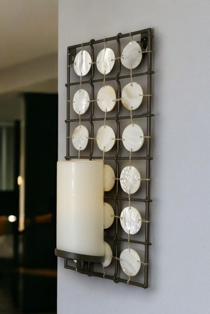 15" Brown And White Geometric Iron Wall Sconce Candle Holder With Candle