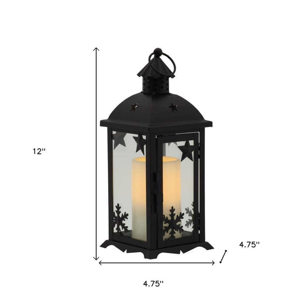 12" Black Ornate Glass And Metal Centerpiece Lantern Candle Holder With Candle