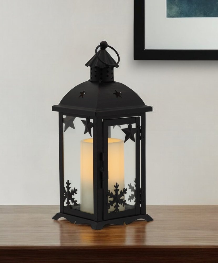 12" Black Ornate Glass And Metal Centerpiece Lantern Candle Holder With Candle