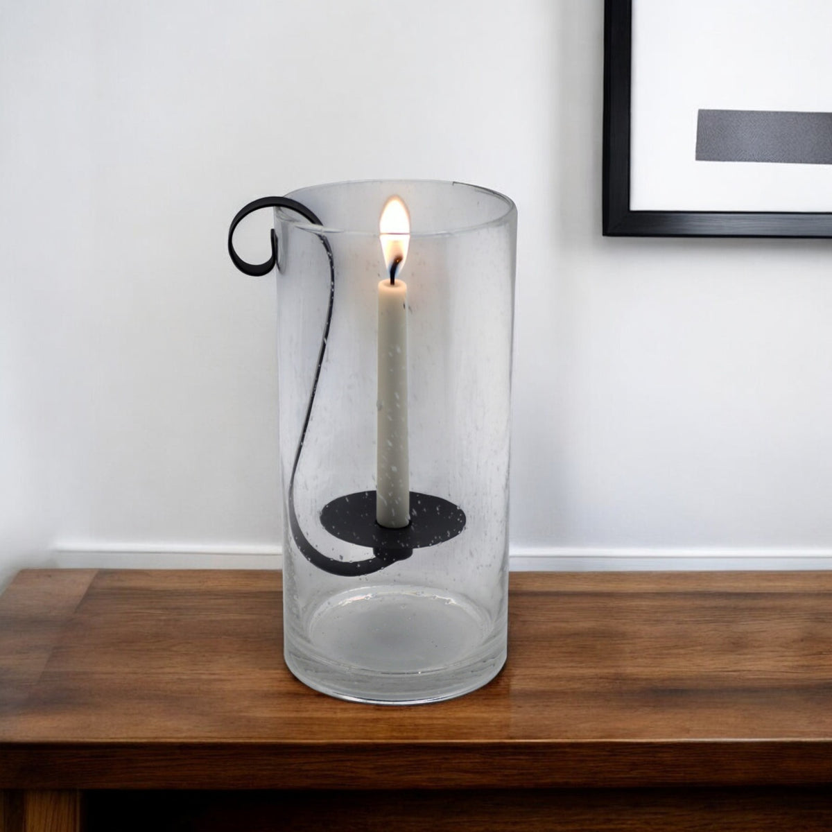 12" Light Gray Glass Centerpiece Taper Candle Holder With Candle