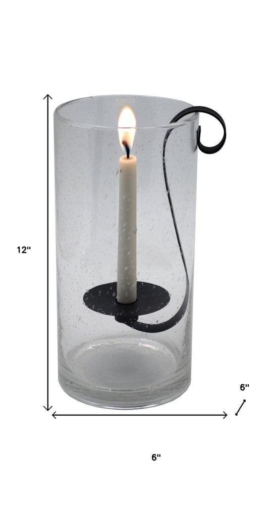 12" Light Gray Glass Centerpiece Taper Candle Holder With Candle