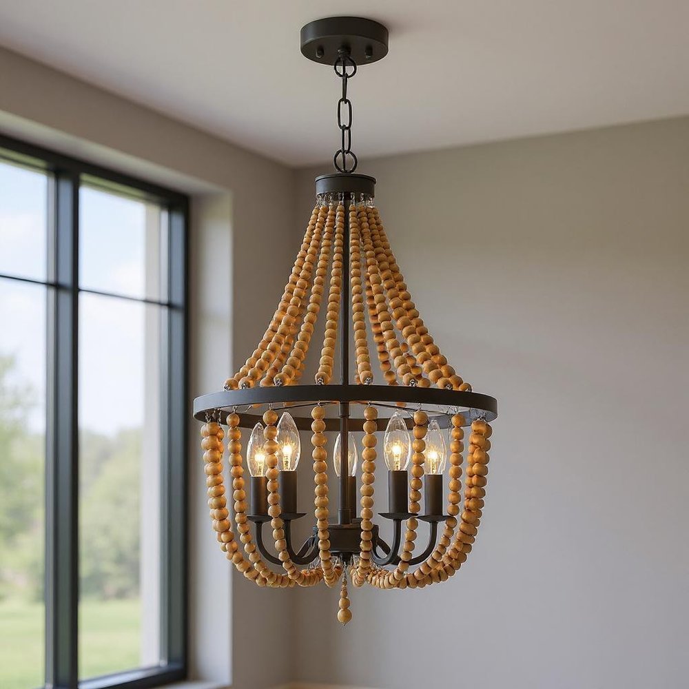 Brown And Black Candle Style Five Light Metal Dimmable Chandelier