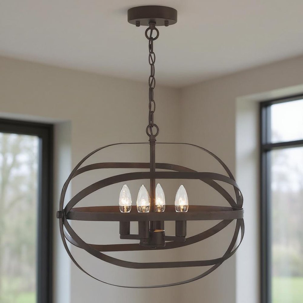 Bronze Candle Style Four Light Metal Dimmable Chandelier