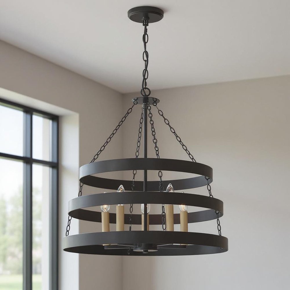 Black And Gold Candle Style Five Light Metal Dimmable Chandelier
