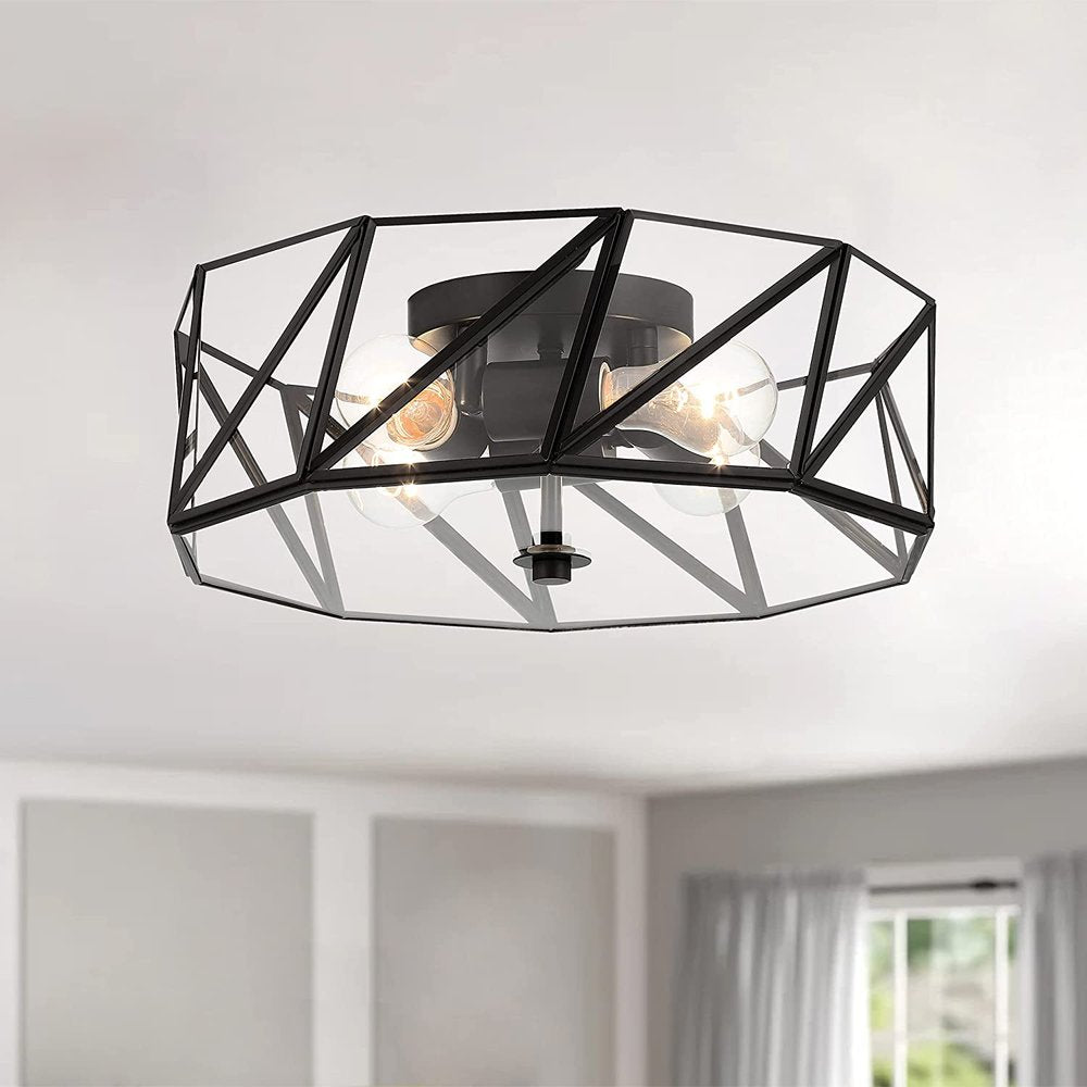 Black Unique Statement Four Light Metal Dimmable Flush Chandelier With Clear Shades