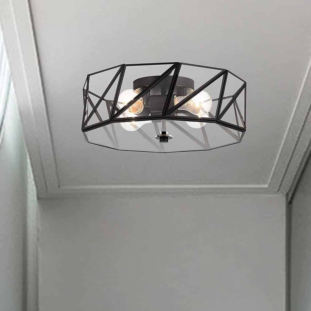 Black Unique Statement Four Light Metal Dimmable Flush Chandelier With Clear Shades