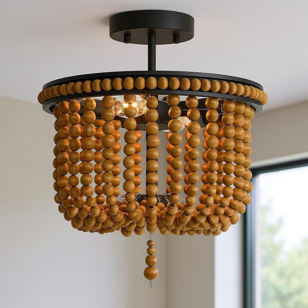 Brown And Black Unique Statement Two Light Metal Dimmable Flush Chandelier
