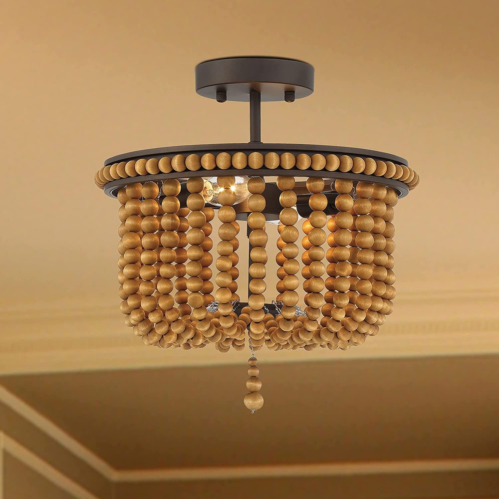 Brown And Black Unique Statement Two Light Metal Dimmable Flush Chandelier