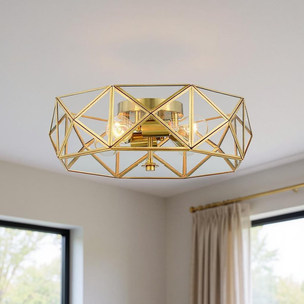 Brass Unique Statement Four Light Metal Dimmable Flush Chandelier