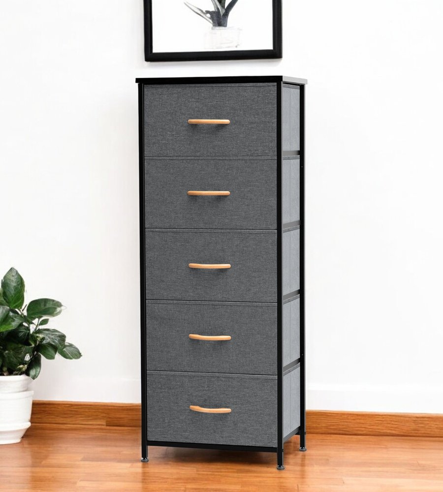 18" Gray And Black Steel And Fabric Five Drawer Dresser