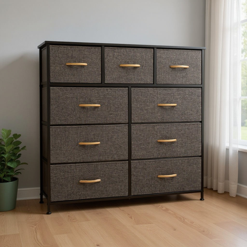 39" Brown Steel and Fabric Nine Drawer Triple Dresser