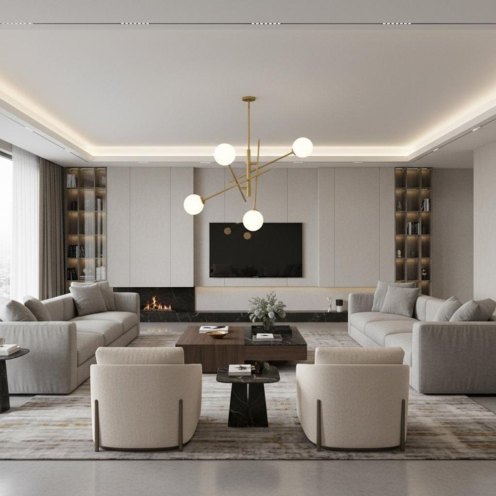 Brass Candle Style Four Light Metal Dimmable Chandelier With White Shades