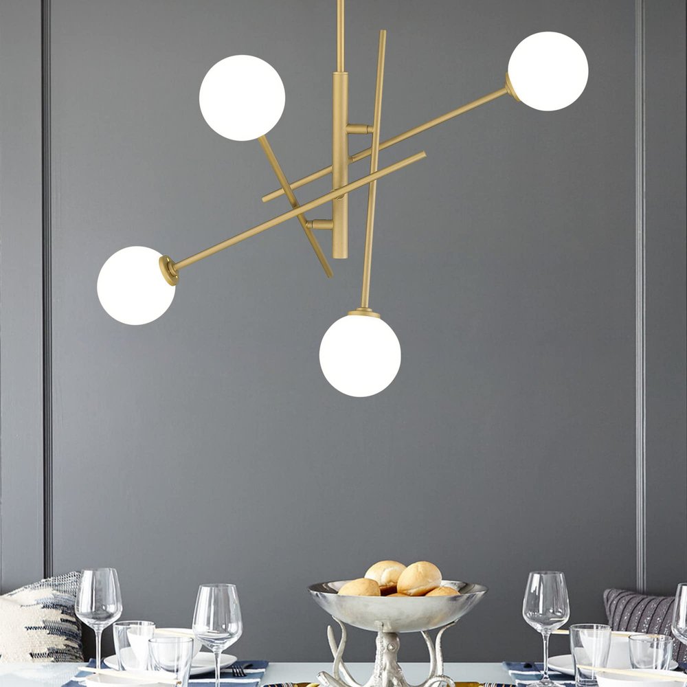 Brass Candle Style Four Light Metal Dimmable Chandelier With White Shades