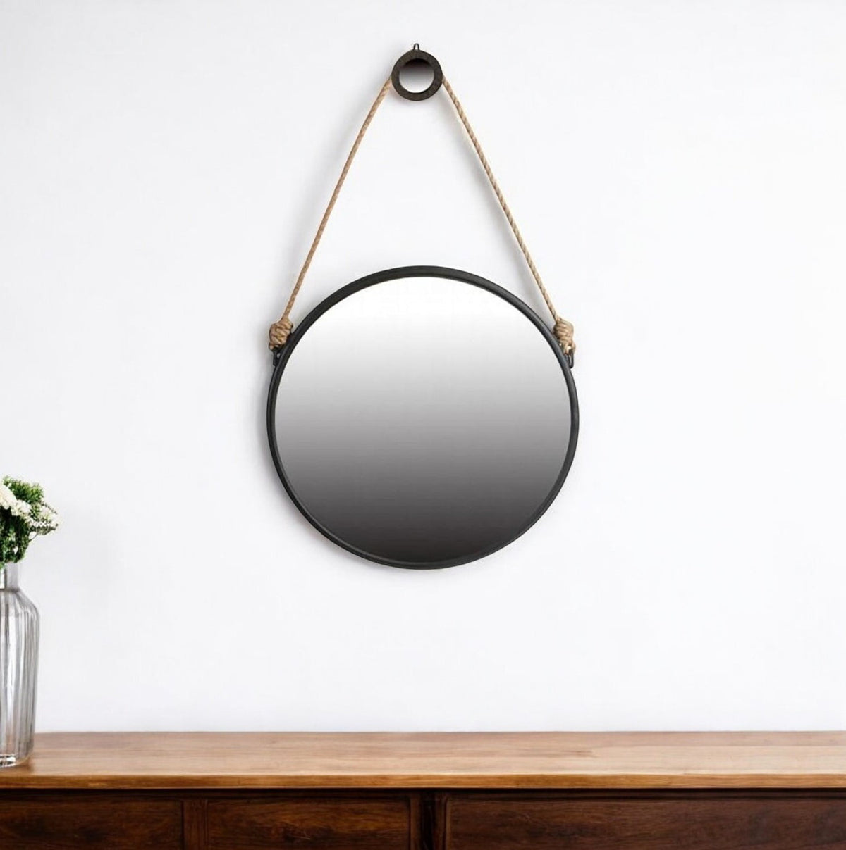 30" Black Fame Round Wall Hanging Accent Mirror with Rope