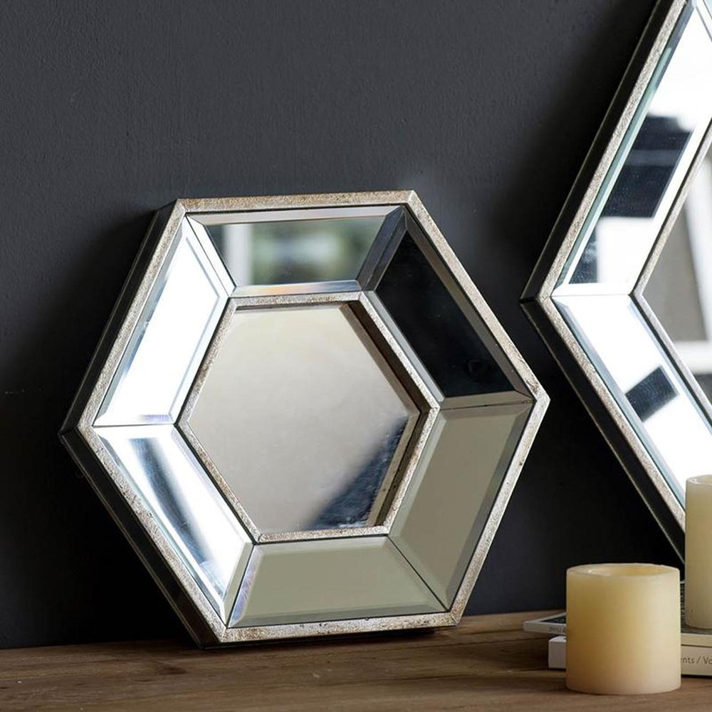 12" Silver Wood Hexagon Framed Accent Mirror